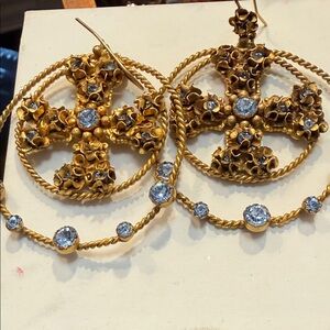 Virgin, Saints and Angels Elegant brass Celtic Cross Earrings/Blue Rhinestones